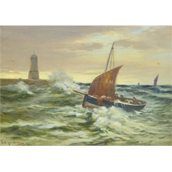  Sidney Valentine Gardner  (Staithes Group 1869-1957): Coble Running for Shelter Whitby, oil on canvas board signed 24cm x 34cm   DDS - Artist's resale rights may apply to this lot    