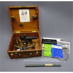  20th century Marine Sextant, black crackle frame with brass scale arc inscribed Cooke Hull, No.2969, 6.5in radius reading to 10in, with index and horizon mirrors, shades and detachable eyepiece, in fitted travel case with certificate dated 28/8/68, with The Mariners' Highway Code, VHF Telephony, P806 compass in case, potractor, ruler, Jakarflex flexible rule and two photos. Provenance: The vendors husband was born in 1947, after Marine College in South Shields he trained in Plymouth and served with Shell Tankers from 1964-1976. His last ship was Hemitrochus and he left service as 2nd Officer (Deck)        