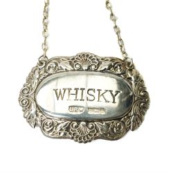 Silver fish knife, Sheffield 1915, two silver decanter labels, Whisky and Sherry, small silver circular box, three silver handled serving implements and glass jar with silver cover 