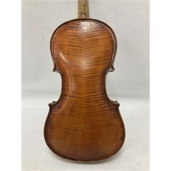 19th century full sized violin in a later hard case, decorative mother of pearl inlay to the tail piece Overall length 60cm No bow