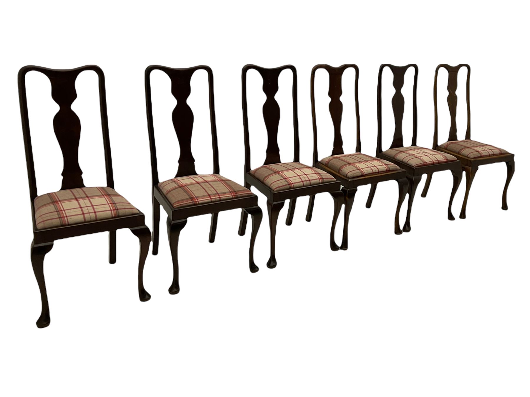 Mixed set of twelve early 20th century mahogany Queen Anne style dining chairs, all with shaped vase backs and cabriole front supports, matching drop-in seats upholstered in tartan patterned fabric
