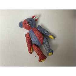 Group of Steiff figures, comprising Mikki and Mukki, circa 1950s no 7628/12 and 7627/12, with original tags, two hedgehogs no 1570/10, and another smaller 1670/03, small owl no 7480/06, and painted metal Steiff harlequin style bear