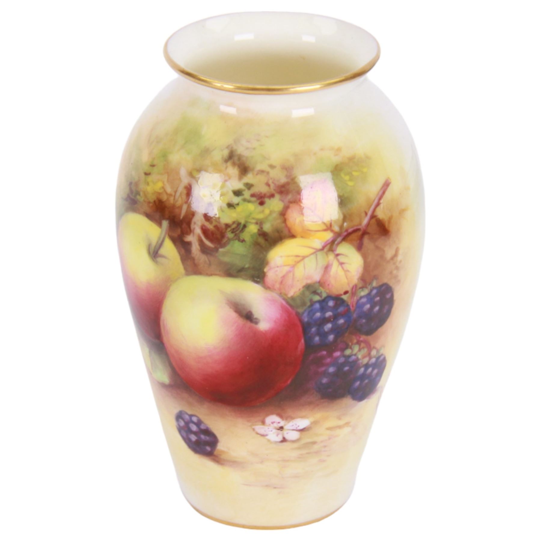 Royal Worcester fruit painted vase, hand painted apples and blackberries, shape no 461 signed N Price, H11cm