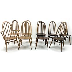 Set of nine (8+1) Ercol beech and elm high hoop spindle back dining chairs, turned supports  