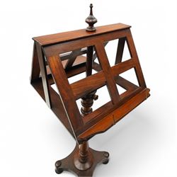 Mahogany duet music stand, twin sloped book rests on telescopic extending stem, on ring and baluster turned pedestal, shaped platform on compressed bun feet