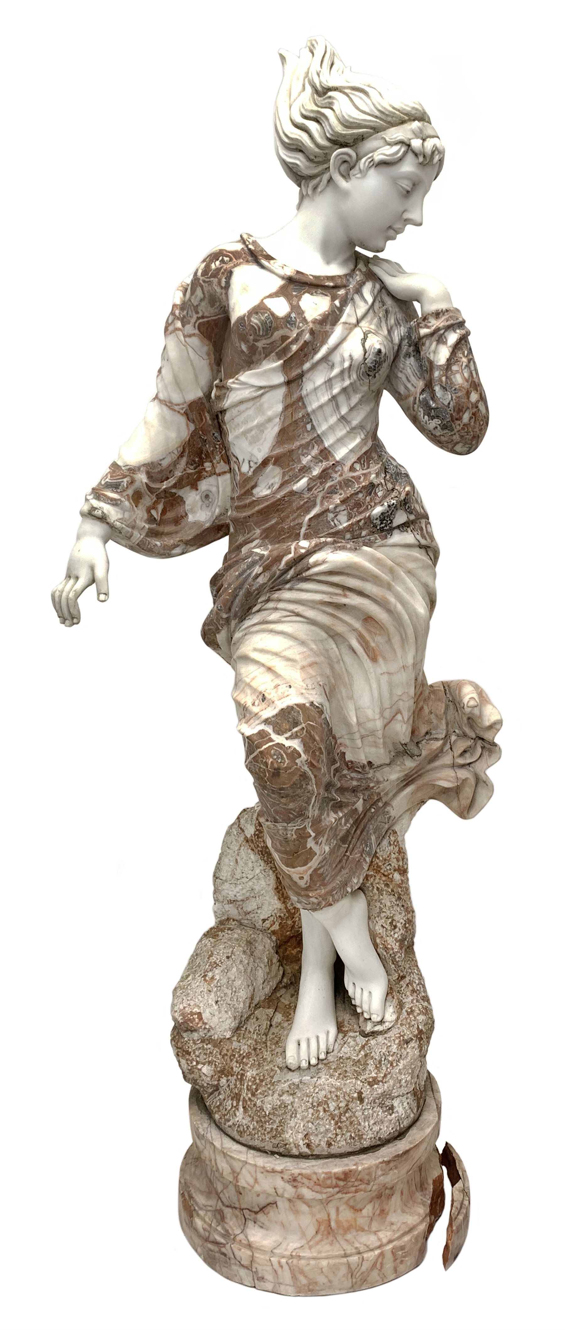 Victorian style rouge and white marble classical statue of woman dancing, on circular stepped moulded plinth base, H185cm