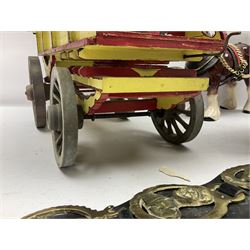 Two ceramic shire horse and gypsy caravans, together with horse brasses 