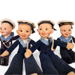 Four Norah Wellings P&O sailor dolls with booklets, comprising SS Himalya, SS Arcadia, TSS Strathallan and TSS Strathmore