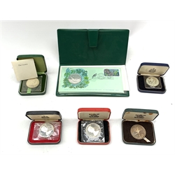  Queen Elizabeth II Cook Islands 1977 five dollars commemorative coin and stamp first day cover and five commemorative Silver Wedding Anniversary coins from various Countries, all being dated 1972, each individually cased (6)  