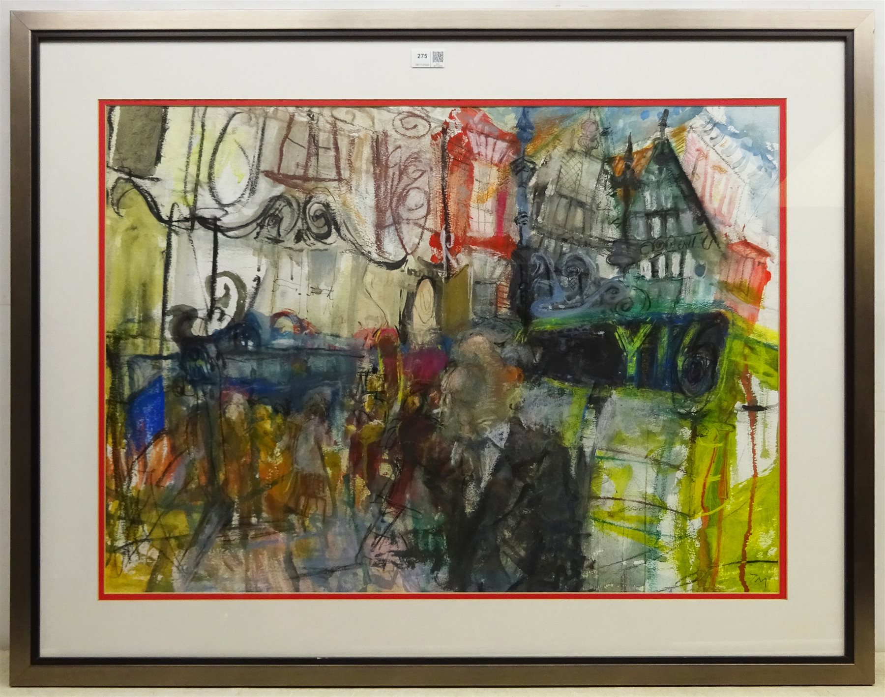 Timothy (Tim) Morrison (British 1952-): Coppergate York, mixed media on paper signed with initials 56cm x 78cm
Provenance: with the Reubens Gallery Leeds; Morrison, a graduate of Edinburgh University and the Royal College of Art, has expressed a pre-occupation with ‘the stage-like theatrical space of the city'. His paintings capture and evoke an idea of the ‘city’ with its strange juxtapositions of frantic activity and rushing crowds and historic, sleepy repose 

