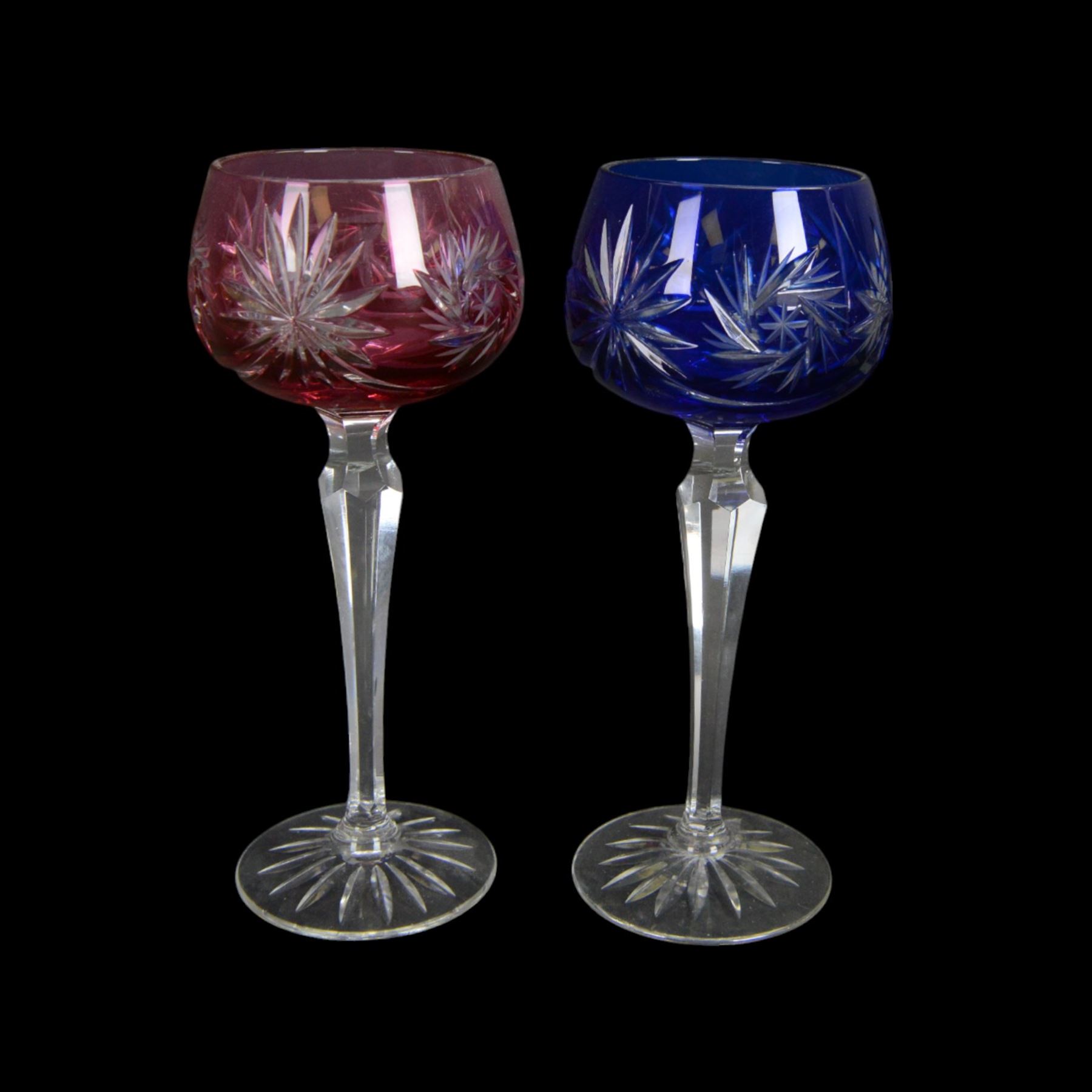 Set of six Bohemian Harlequin wine glasses, on tapered stems, raised on circular bases, H20cm