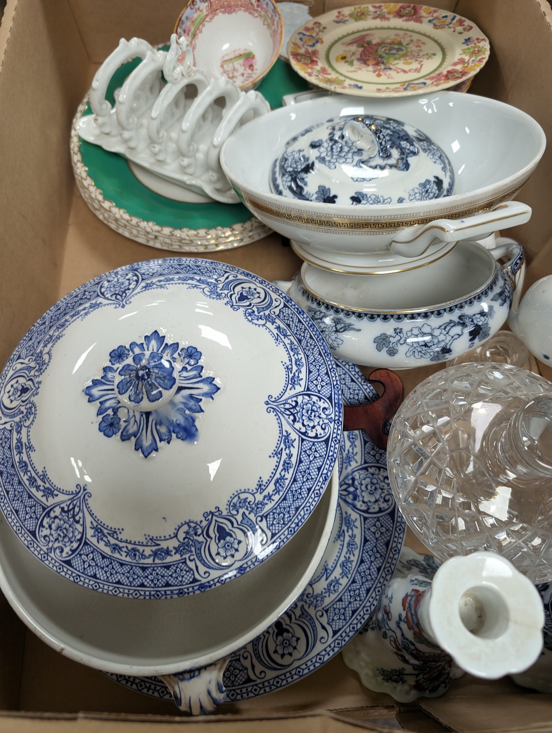 Royal Doulton Carlyle dinner wares, heavy glass candlesticks, punch bowl and lidded jars and other ceramics and glassware, in five boxes