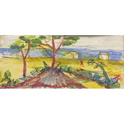 Attrib. Pyotr Konchalovsky (Russian 1876-1956): Trees by the Sea, coloured crayon signed and dated 1910, 12cm x 27cm