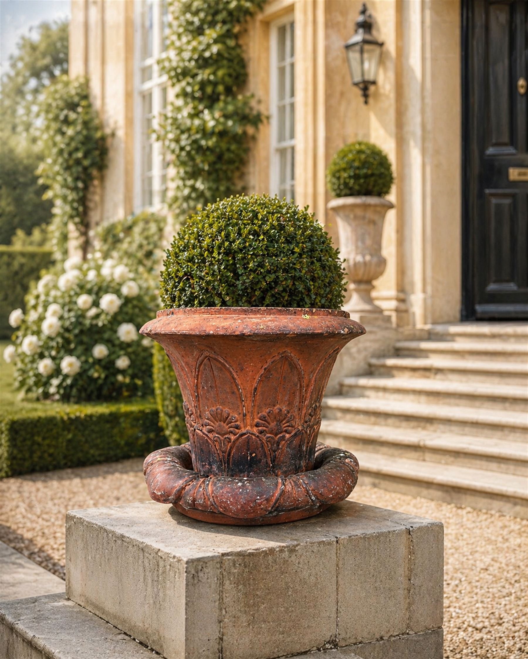 Small 19th century terracotta octagonal planter with stand, flower and leaf design