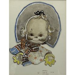 Mabel Lucie Attwell (British 1879-1964): 'Here's a Cheerio from Me', watercolour cut out and laid on paper signed and dated 1959, inscribed verso 24cm x 19cm
Notes: this subject was used in Postcard No.999 and calendars 1947 to 1950