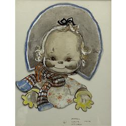 Mabel Lucie Attwell (British 1879-1964): 'Here's a Cheerio from Me', watercolour cut out and laid on paper signed and dated 1959, inscribed verso 24cm x 19cm
Notes: this subject was used in Postcard No.999 and calendars 1947 to 1950