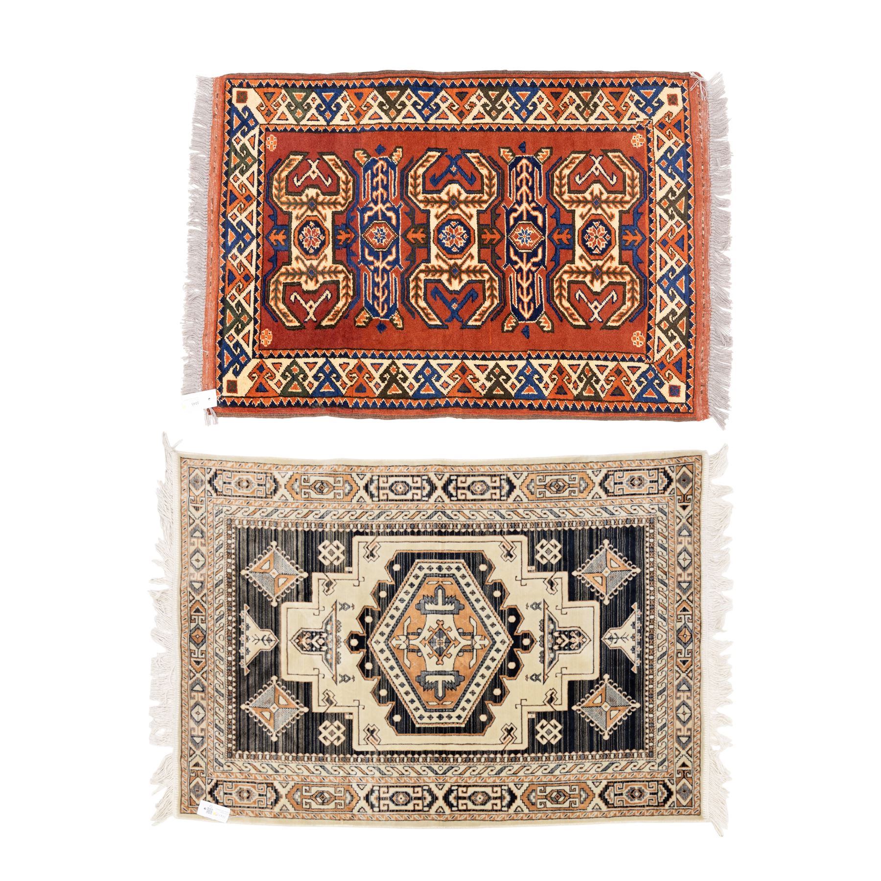 Two rugs, small Bokhara-type rug, terracotta ground with repeating hooked lozenge medallions enclosed by geometric borders (H 120cm, W 83cm); and a cream-ground rug, central lozenge medallion with geometric spandrels and border motifs (H 145cm, W 101cm),