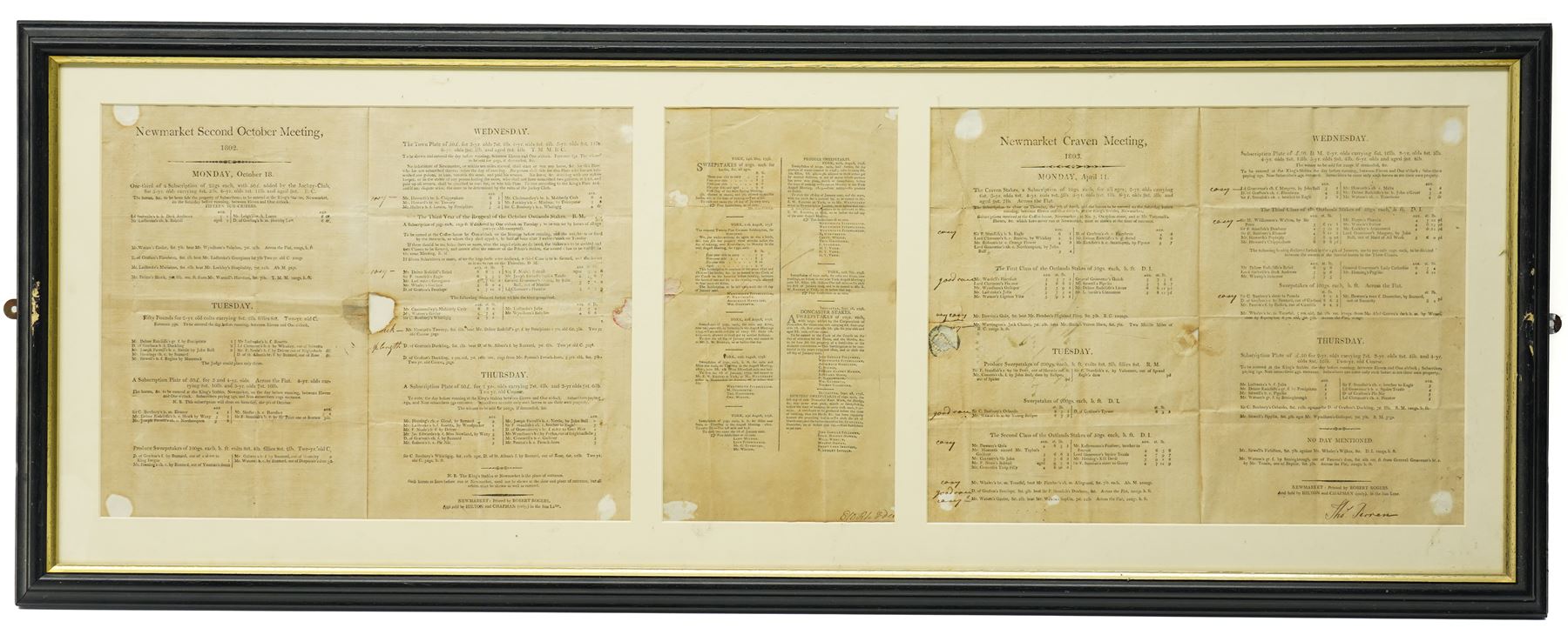Double page handbill for Newmarket Second October Meeting 1802' printed by Robert Rogers 31cm x 40cm, another 'Newmarket Craven Meeting April 1803' and a single sheet handbill for York Races May 1798 in one frame 45cm x 117cm
 
Provenance: property of a Nobleman