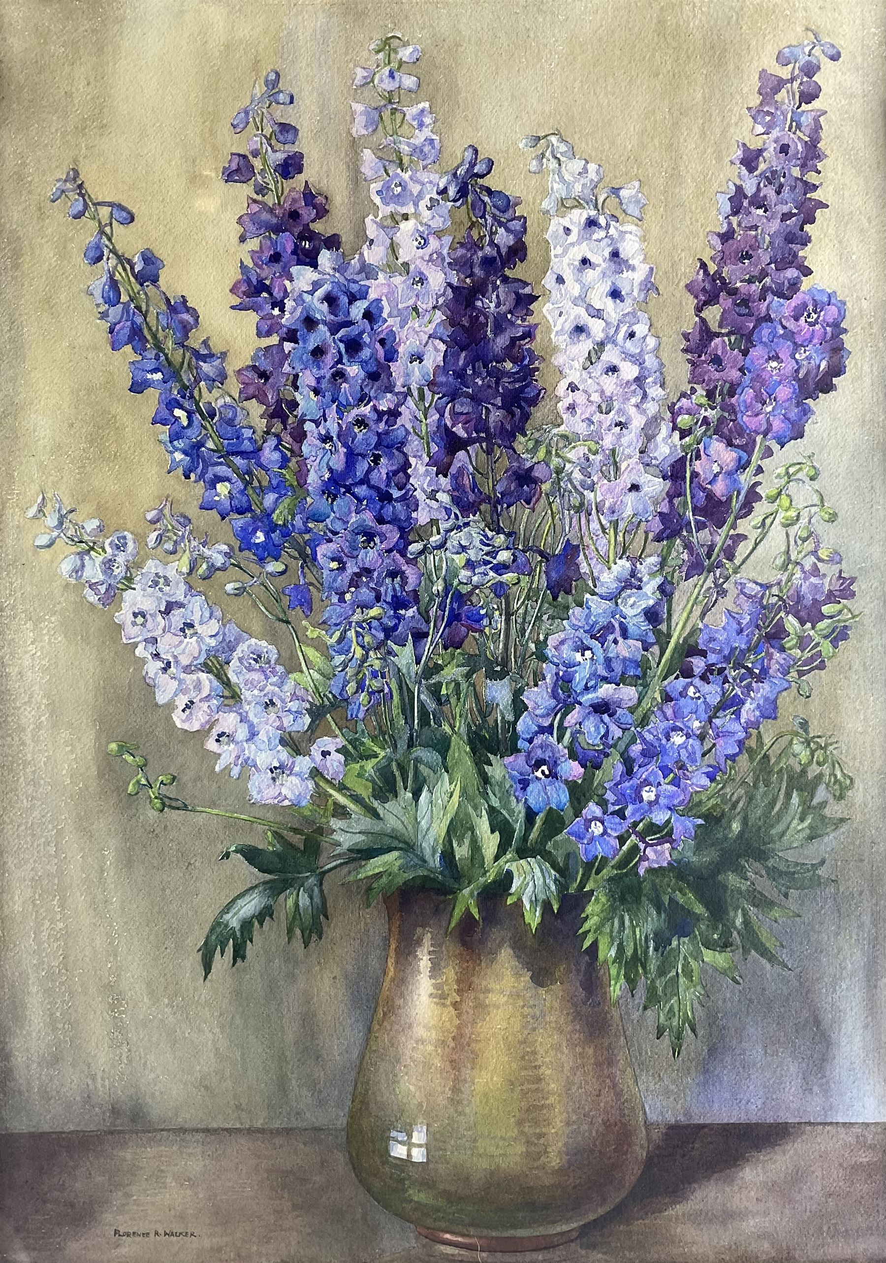 Florence Raingill Walker (British fl.1934-1937): Purple Delphiniums, watercolour signed 77cm x 54cm 