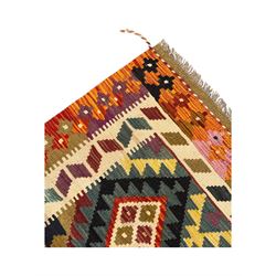 Afghan Maimana Kilim flatweave rug, dark teal ground with a multicoloured diamond lattice, framed by a wide border of stylised motifs, finished with braided corner tassels