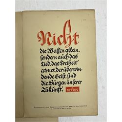 Collection of eight pre-WW2 German Propaganda poster style cards each printed in black and red with sayings by NSDAP leaders and German historical leaders,  featuring quotes by Adolf Hitler, von Goethe, Rosenberg, Magnus Wehner, Moltke, Kolbenheyer etc, each dated 1938 35 x 23.5cm unframed (8)