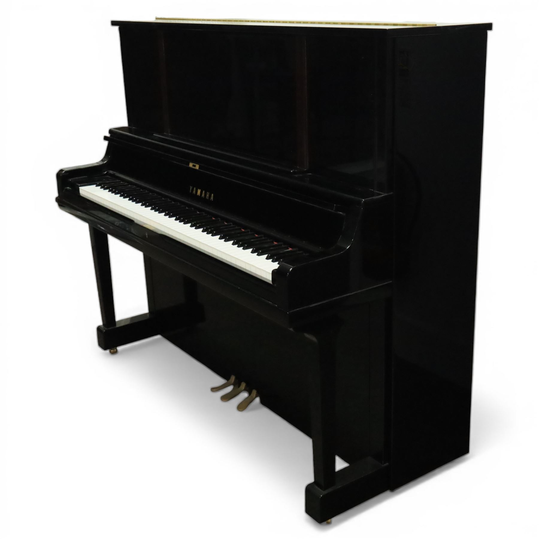 Yamaha model U5 upright piano retailed by Harrods, 88 keys and three pedals within high gloss ebonised case, serial no. 6055292, with Roland black button top piano stool