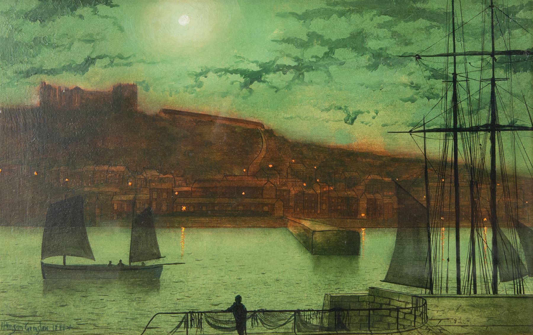 John Atkinson Grimshaw (British 1836-1893): Whitby from Scotch Head, oil on board signed and dated 1886+, 24cm x 37.5cm 
Provenance: private collection, purchased David Duggleby Ltd 8th December 2014 Lot 75; David Duggleby Whitby 14th September 2004 Lot 249; Phillips Leeds 16th November 1999 Lot 321. Sold together with a copy of the Phillips catalogue, which reads: 
