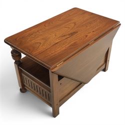 Ercol -  dark elm corner TV stand and coffee table, TV stand with drop triangular leaf, over open recess above a single drawer (H 47cm, D 44cm with leaf 79cm, W 73cm,  the coffee table with chamfered rectangular top with full length undertier, raised on turned supports (H 43cm, D 54cm, W 115cm) 