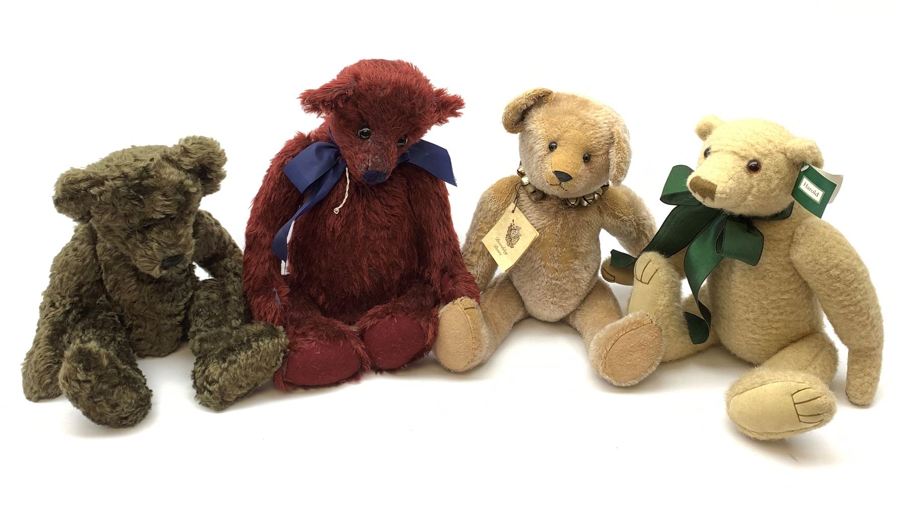 'Mitchell' - limited edition teddy bear by Deborah Beardsley Elertson of Beardsley Bears No.6/15 with tag certificate; 'Harold' limited edition bear by Pam Howells of Mayfair Arts Limited No.A0318; handmade maroon bear by Horsforth Bears; and another B.J. Bears handmade bear by Crown Artist Bears (4)