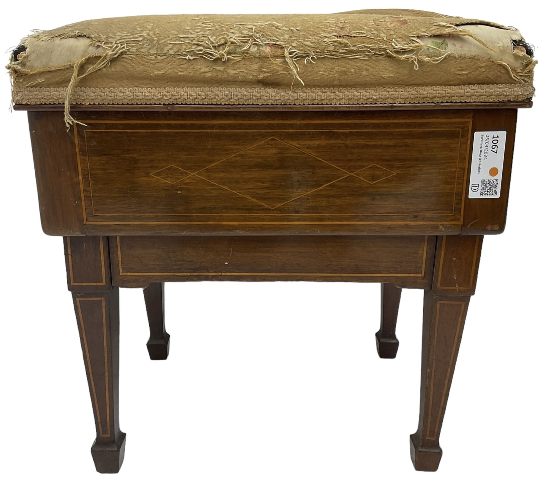 Edwardian inlaid mahogany piano stool, upholstered adjustable seat, inlaid with geometric boxwood stringing, on square tapering supports with spade feet