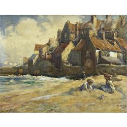 Hilary Clements Hassell (British 1871-1949): Children Playing on Tate Hill Sands Whitby, watercolour heightened in white signed and dedicated 'To GAC', 26cm x 34cm
Notes: although most of Hassell's recorded works are continental scenes he is listed as living in Riding Mill, Northumberland in 1911 before moving to London. Hassell was a good friend of the renowned Occultist Aleister Crowley 