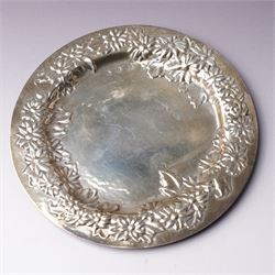 Pair of silver sauce boats with crimped rims Sheffield 1935 Maker Mappin & Webb, small embossed silver tray and two other small trays