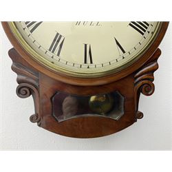 A single fusee 8-day drop dial mahogany cased wall clock, c1860 with a 14-1/2” wooden bezel and 12” painted convex dial, cast brass bezel and convex glass, dial with retailer's name “Bedell & Son, Hull”, Roman numerals, minute track and matching steel moon hands, with a recoil anchor escapement and rectangular movement plates, case with scroll carved ears and glazed pendulum aperture, pendulum location door and a pendulum regulation door to the curved base. With pendulum.
***Peter and Benjamin Bedell were a family of 19th century Hull clockmakers working from various locations in Hull between 1823 and 1872.

