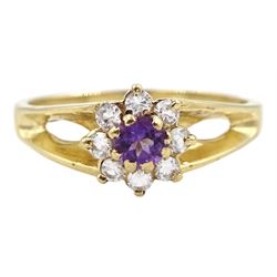 9ct gold amethyst and cubic zirconia cluster ring, London 1975 