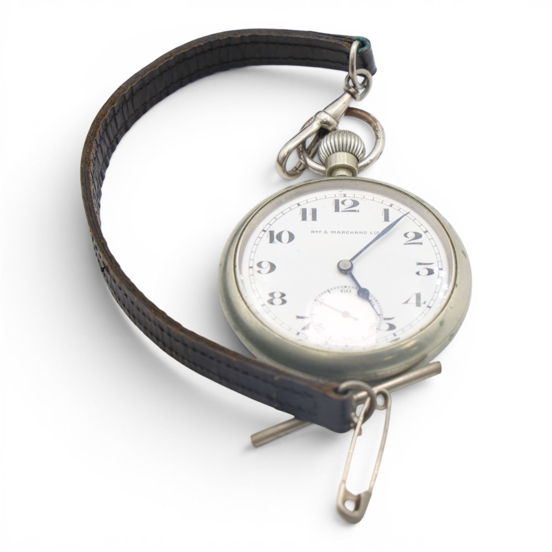 WWII military issue pocket watch by Ryf & Marchand, stamped with broad arrow and B34030 to back case