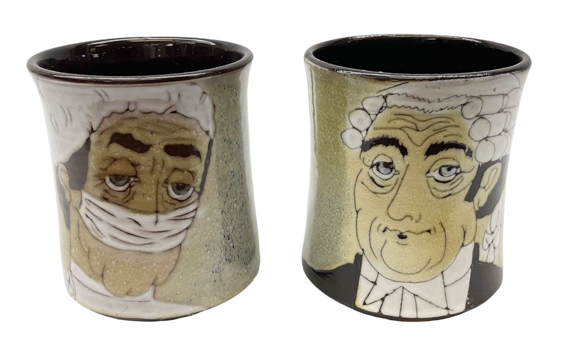 1960s Chelsea Pottery mug decorated with barrister by Joyce Morgan, signed JEM, together with a similar example depicting a doctor, H11.5cm, both signed beneath