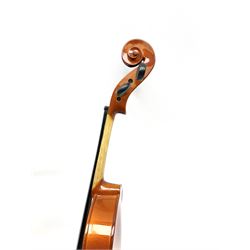 Three full size violins and two three-quarter size violins, predominantly modern for completion, one with metallic purple finish (5)