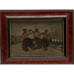 Frank Henry Mason (Staithes Group 1875-1965): 'The Way We Spent My Birthday' - Kermis Time Volendam 1st October 1899, oil on panel signed with initials inscribed and dated, further title and inscription 'Phil May Frank Mason & Tom Brown' verso 18cm x 25cm
Provenance: from the estate of Christine Dexter and by descent from the artist's sister Eleanor Marie (Nellie)
In 1898 & 1899 Mason spent quite sometime in Holland at the artist's colony in Volendam centred on the Hotel Spaander, an artist friendly atelier run by Leendert Spaander. Here Mason circulated with an international group of artists including the caricaturist Phil May and illustrator Tom Brown (both illustrated). In March 1899 he took he took his new bride Edith for their honeymoon visiting Rotterdam, Katwijk then on to Volendam in June extending to his birthday on the 1st October coinciding with the boisterous festival of Kermis . Illustrated in Frank Henry Mason - Marine Painter and Poster Artist by Edward Yardley pub. Colley Books 2015 pp.15