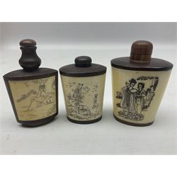 Seven Chinese glass snuff bottles painted with figures and animals, together with three wood mounted bone examples