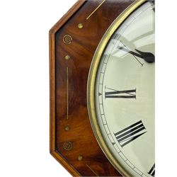 Charles Johnson of Wigan - mid-19th century twin fusee mahogany drop-dial wall clock, with an octagonal dial surround with brass inlay, carved fan ears to the glazed box with pendulum adjustment door, 12