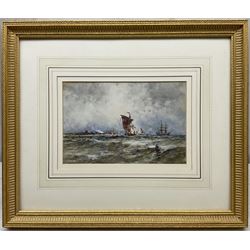 Frank Henry Mason (Staithes Group 1875-1965): Ships Returning to Calais and Shipping off the Coast, possibly St Andrews, pair watercolours heightened in white signed 15cm x 23cm (2)