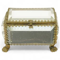 French bevelled glass bijouterie boxes, with gilt metal framing, raised on scrolled and paw feet, the square example with 'Le Hotel de Ville - Paris' scene to cover (2)