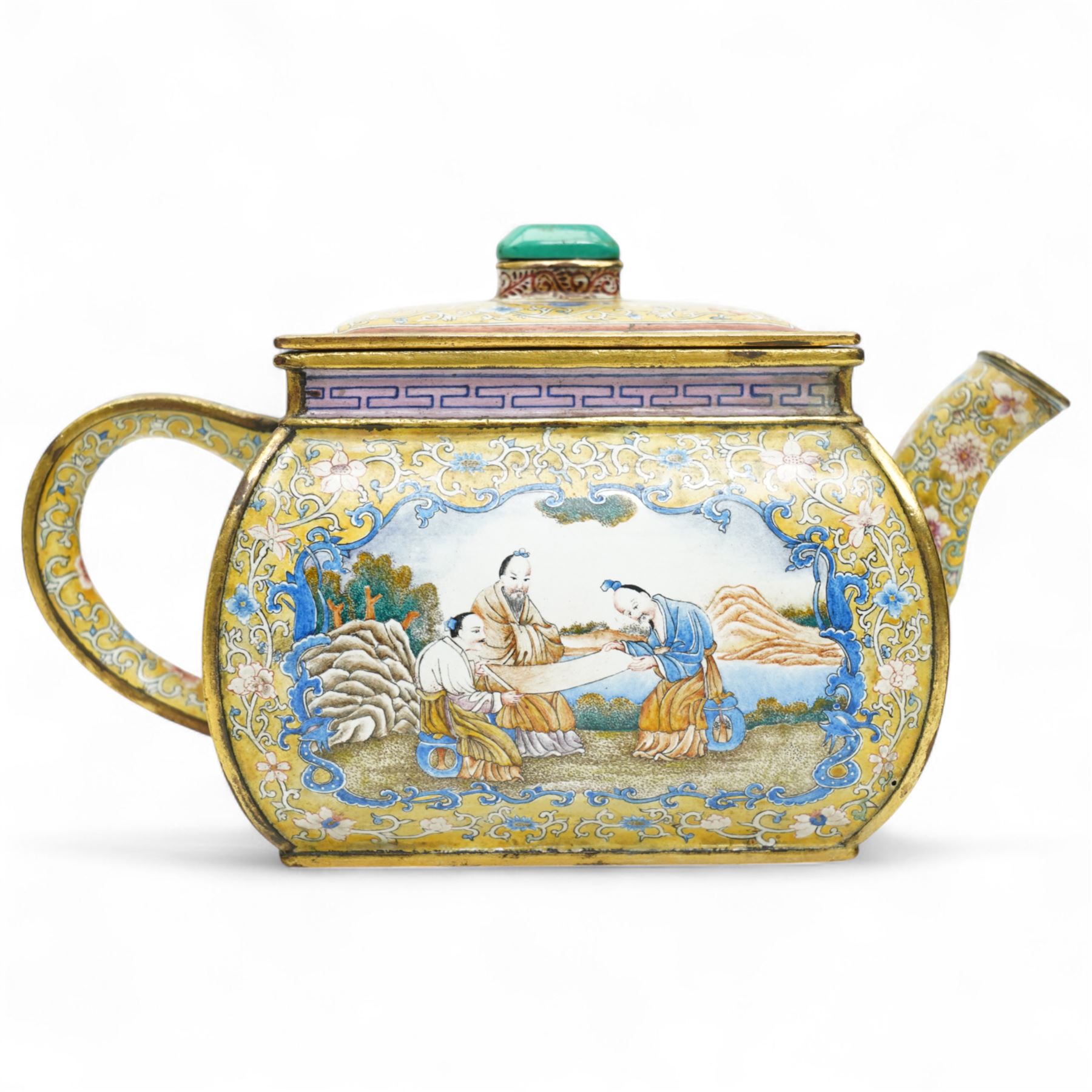 Chinese Qianlong enamel bombé shaped teapot, decorated with scenes of scholars examining a scroll and drinking on a yellow ground with various traditional floral and foliate motifs, the painted scene framed within trailing blue vine border, with Qianlong marks to base L15cm