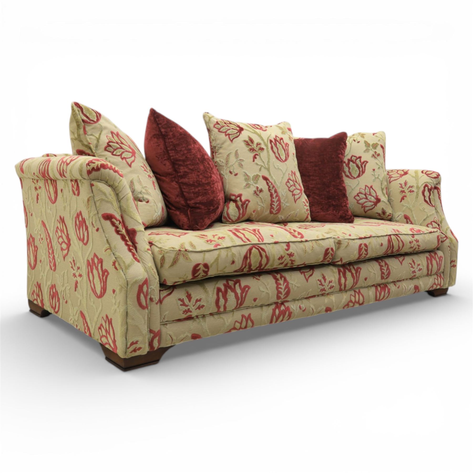 Alstons - traditional design three seat sofa, loose feather cushions, upholstered in red and gold '5911' fabric