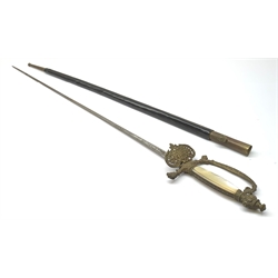 19th century continental dress sword, the 78cm triangular blade with scrolling decoration and battle trophies, cast and pierced brass armorial shell guard, knuckle bow and pommel and mother-of-pearl grip, in leather strengthened scabbard L96cm overall
