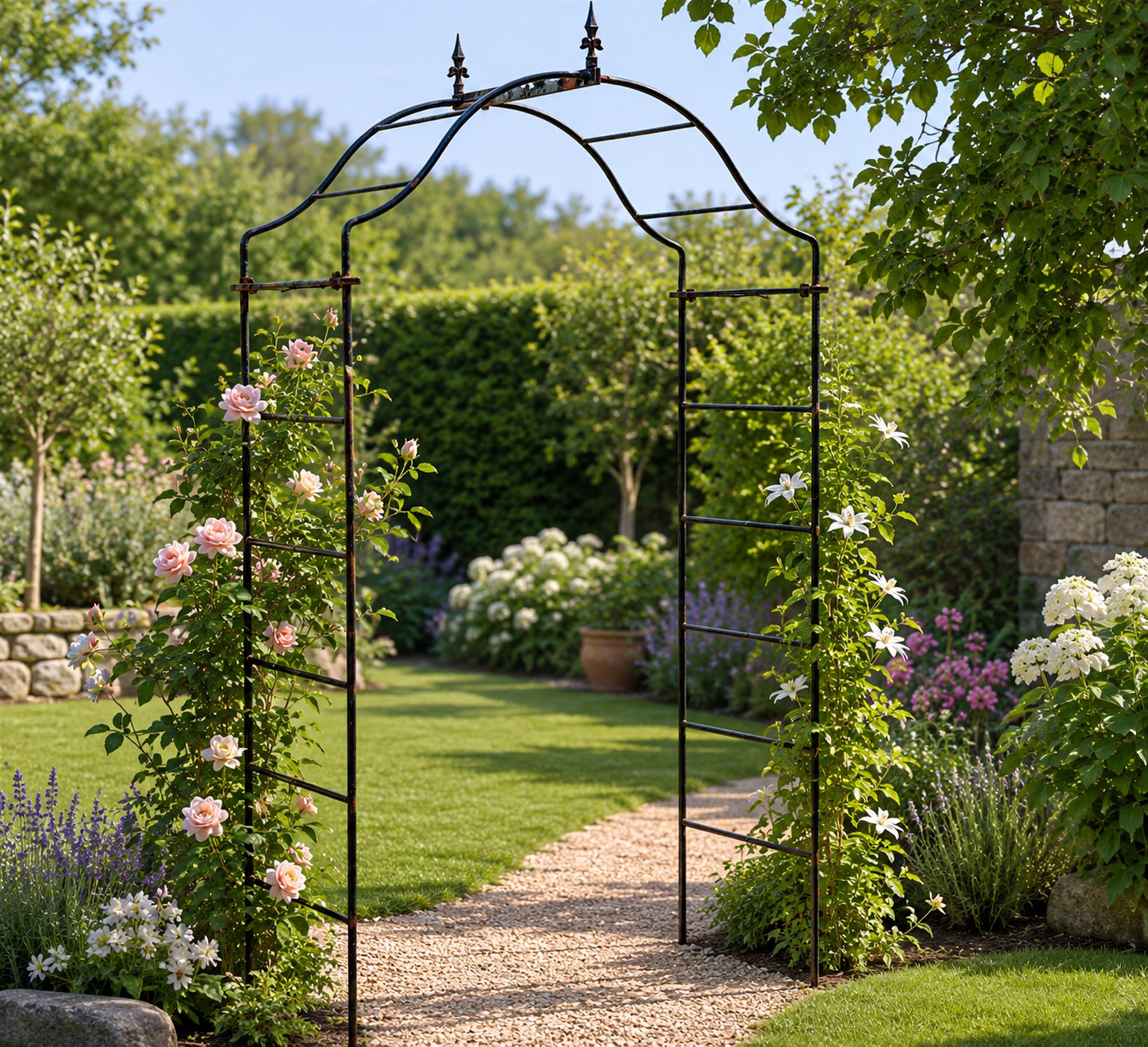 Antique wrought iron strapwork garden arch, with scroll form arched top with spearhead finials, over integral side trellis panels, in distressed black-painted finish