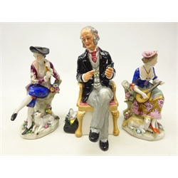  Pair early 20th century Continental Chelsea style Musicians and a Royal Doulton figure 'The Doctor' HN 2858 (3)  