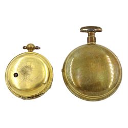 George III gilt verge fusee pocket watch by William Brown, London, No. 219, round baluster pillars, white enamel dial with Arabic numerals, bull's eye glass and one other gilt verge fusee front wound pocket watch (2)