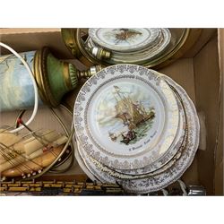 Collection of assorted collectables related to maritime, including, metal table lamp, wooden model of H.M.S victory, various tankards and collectors plates, etc, two boxes  