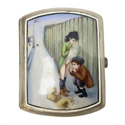 Early 20th century Continental erotic cigarette case, the silver-plate body of curved rectangular form with cover decorated with painted enamel street scene depicting young boy in squatting position lighting a cigarette shielded from the wind by his girlfriend, who is lifting the skirt of her dress up over him, with gilt interior, L9cm